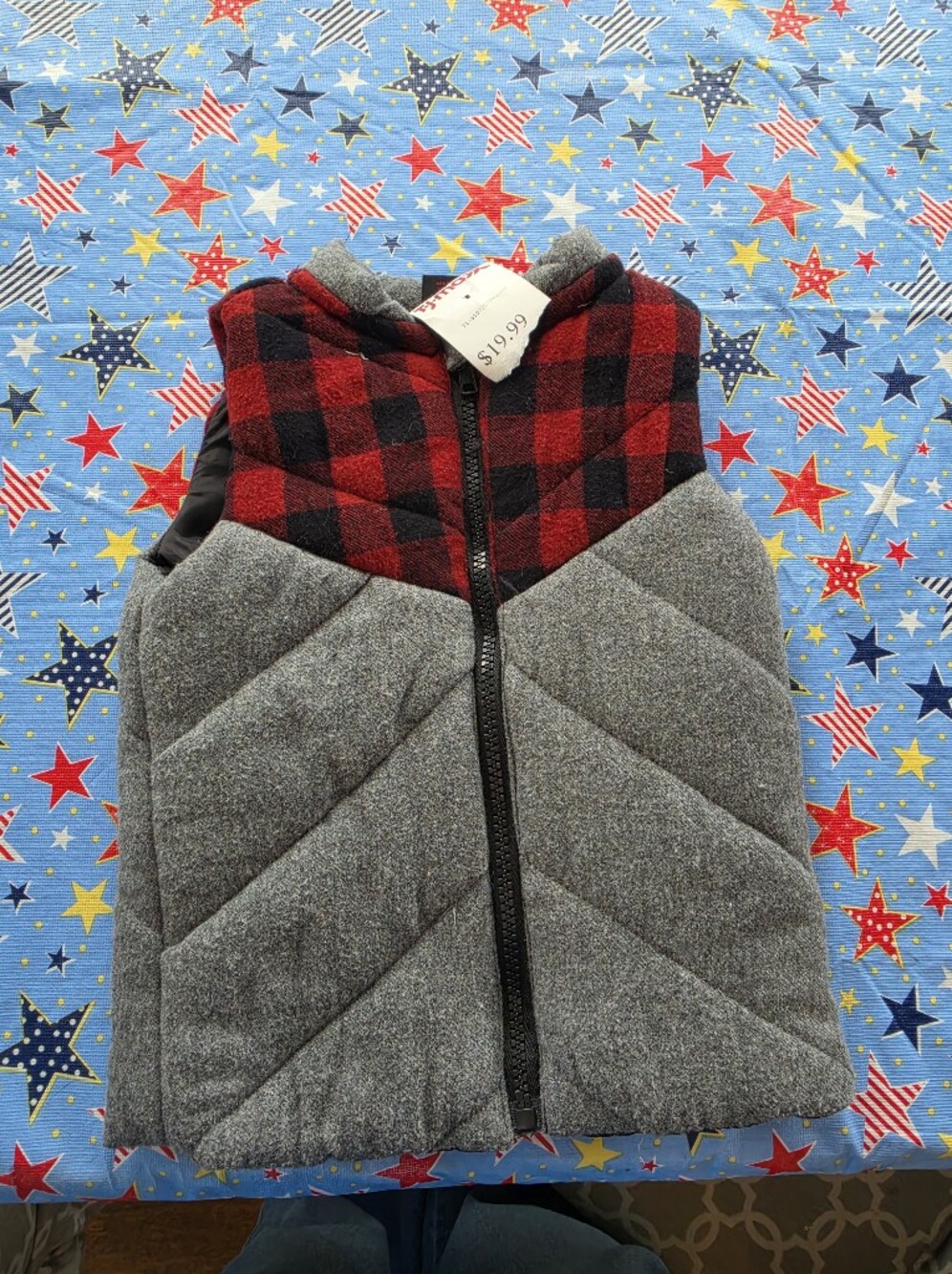 NWT Fierce Frank Kids Quilted Gray Vest with Red Buffalo Plaid Hood